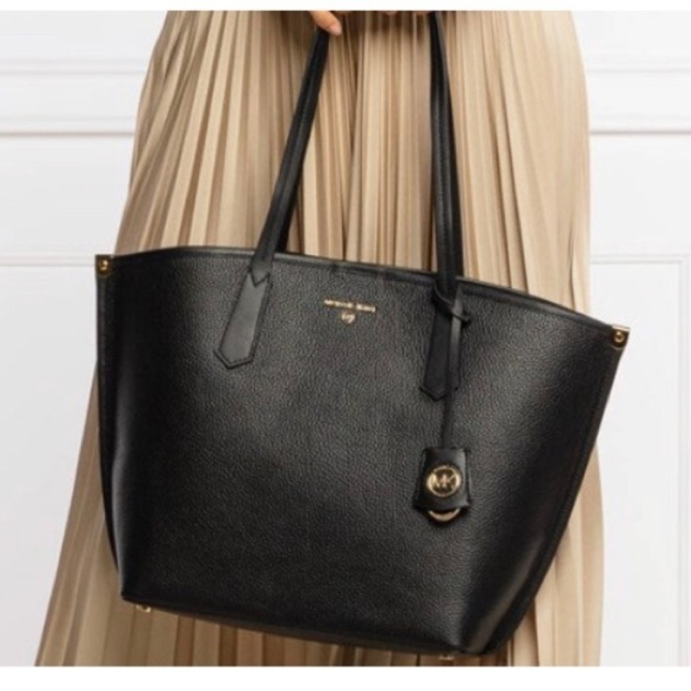 Michael Kors Jane Large Pebbled Leather Black Tote Bag Charm Logo AUTHENTIC NEW - Picture 10 of 10